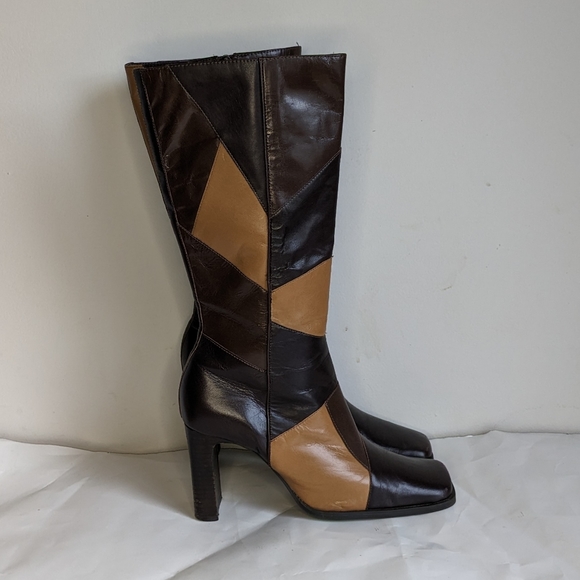 Vintage Shoes - Vintage Brown Patchwork Y2K/90s Block Heel Boots